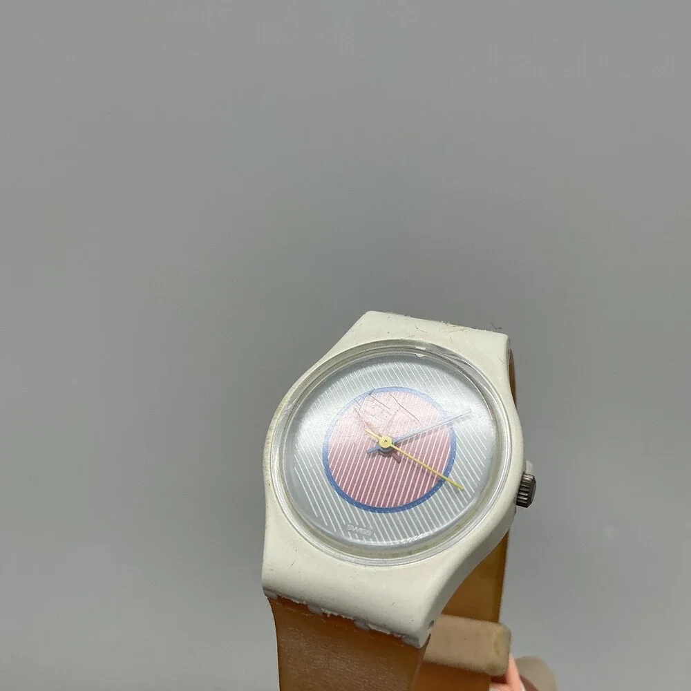 Vtg Swatch Raspberry Womens Watch 25mm White Blue Dial Brown Strap New Battery